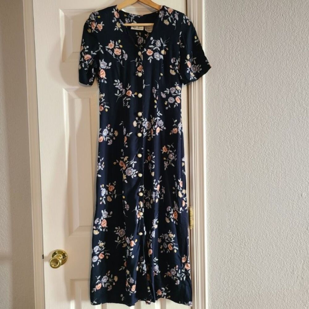 Kathie Lee Vintage 90s Floral Midi Dress Womens 4 Navy Blue Rayon Cottagecore